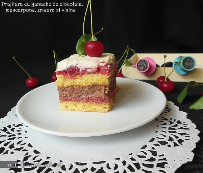 Imagine Reteta culinara Prajitura cu ganache de ciocolata, mascarpone, zmeura si visine | 2review.ro