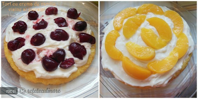 Imagine Reteta culinara Tort cu crema de vanilie, visine si piersici | 2review.ro