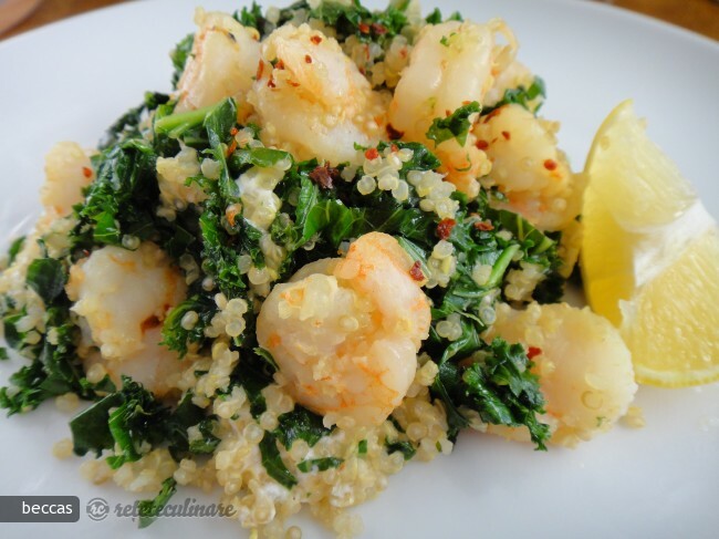 Imagine Reteta culinara Creveti cu Quinoa, Frunze Furajere si Branza de Capra | 2review.ro
